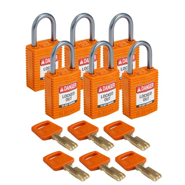 Brady Compact SafeKey Key Retaining Nylon Padlock 1 in Aluminum Shackle KD Orange 6PK CPT-ORG-25AL-KD6PK